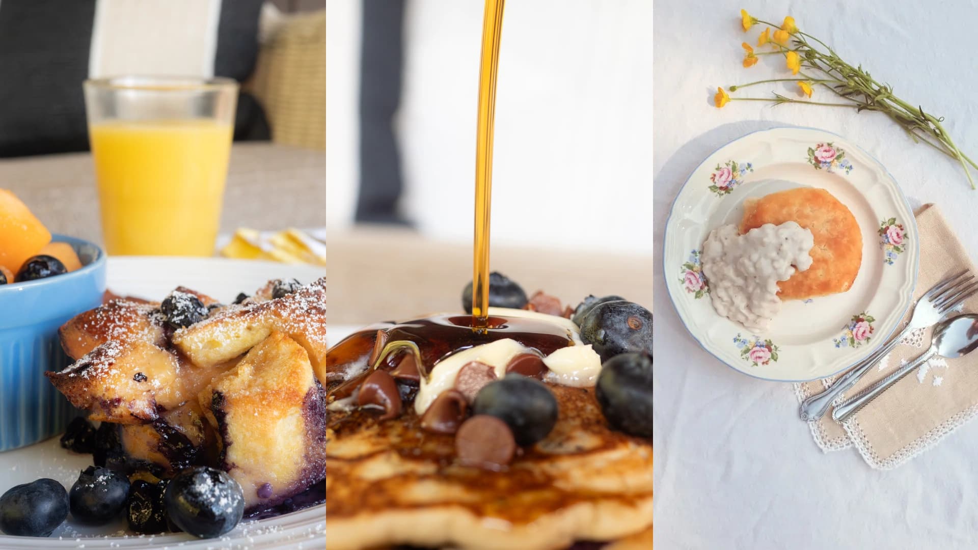 A collage of breakfast dishes featuring fruit, pancakes with syrup, and a fancily plated dessert.